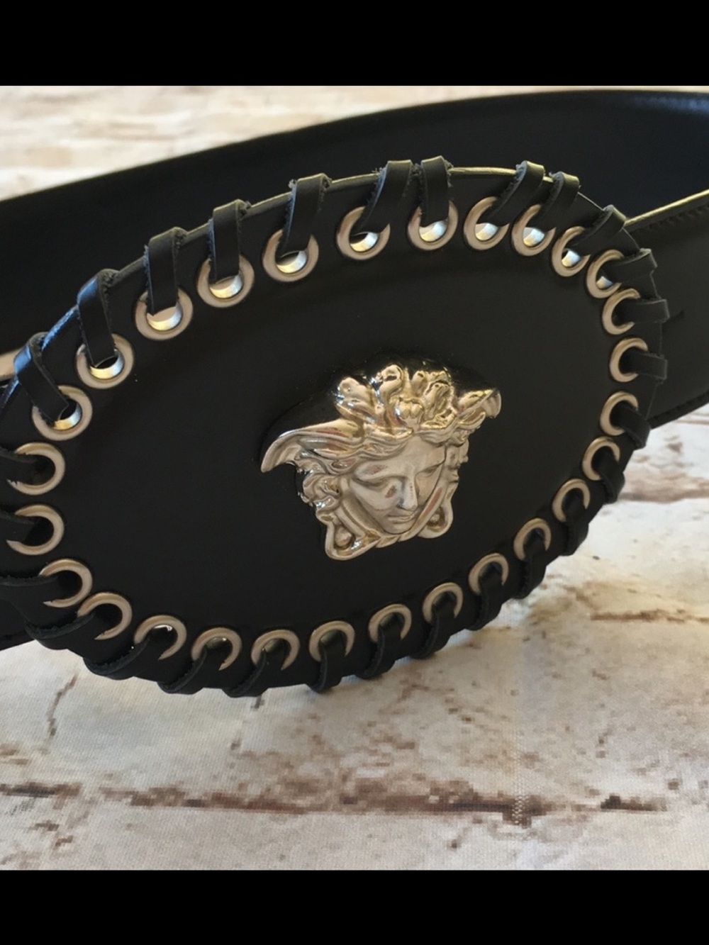 Vintage Versace Black Leather Medusa Buckle Belt